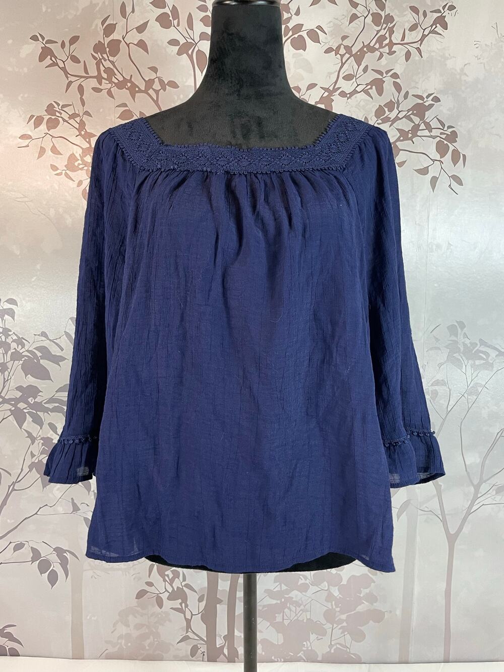 Retrology Boho Crochet Lace Trim Square Neck Blouse Navy Blue S Peasant Top